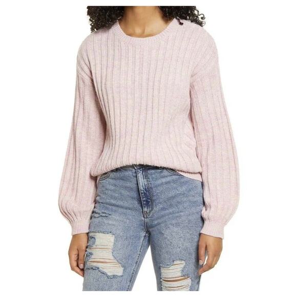 NEW BlankNyc M Heather Ribbed Crewneck Lilac Mist Pink Oversize Balloon Sleeves - Picture 1 of 6